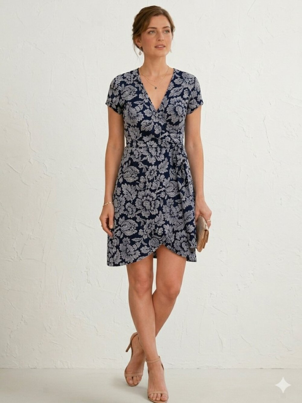 LOFT Navy & White Floral Print Wraparound Dress Size M